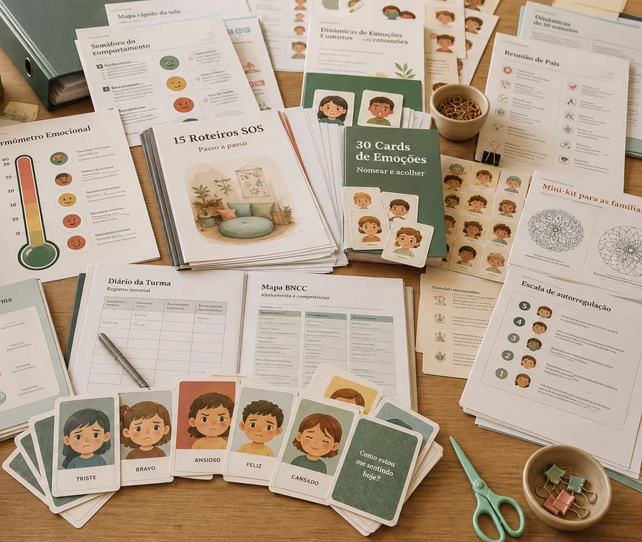 Foto realista dos materiais impressos, cards e roteiros do Kit SOS sobre a mesa