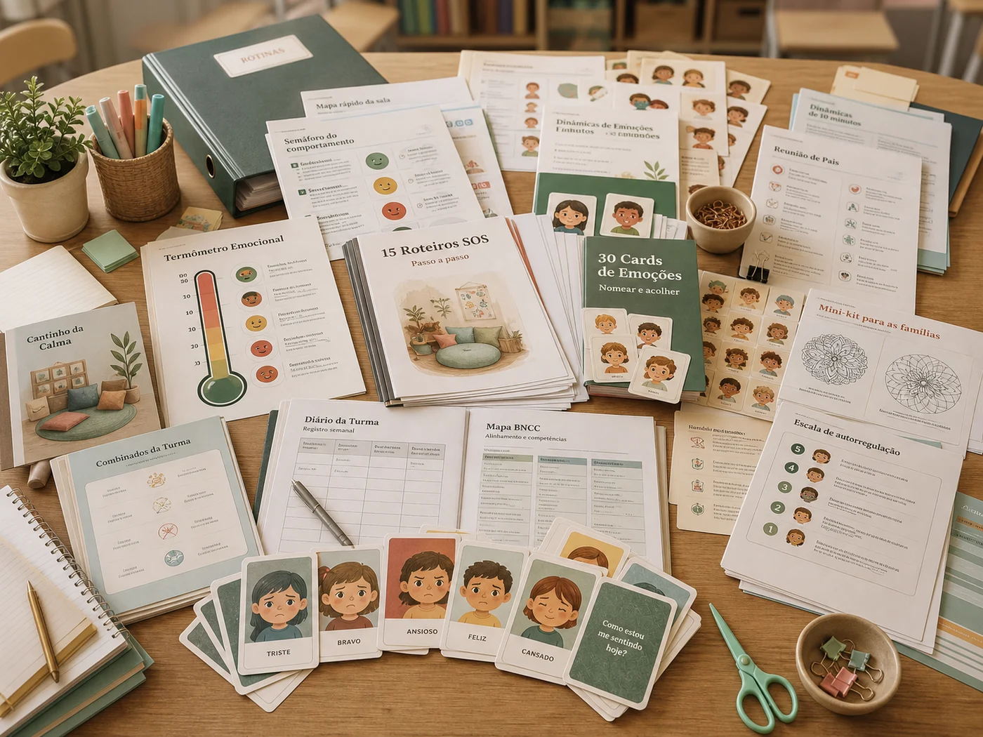 Foto realista com todos os PDFs, roteiros, cards, bônus e materiais imprimíveis do Kit SOS Sala de Aula espalhados sobre uma mesa de professora