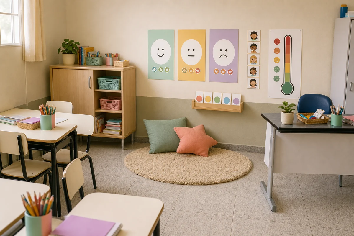 Mesma sala de aula depois do kit, com cantinho da calma organizado, cartazes e materiais visuais