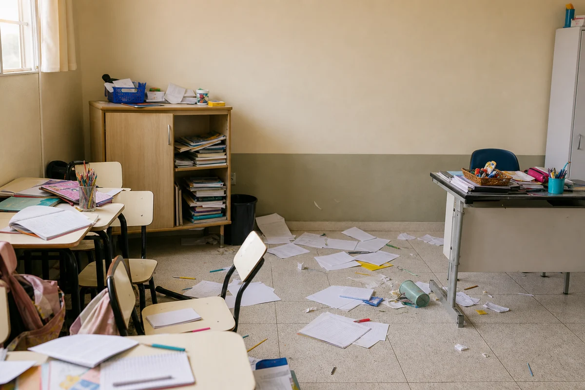 Mesma sala de aula antes do kit, com papéis espalhados, materiais acumulados e rotina travada